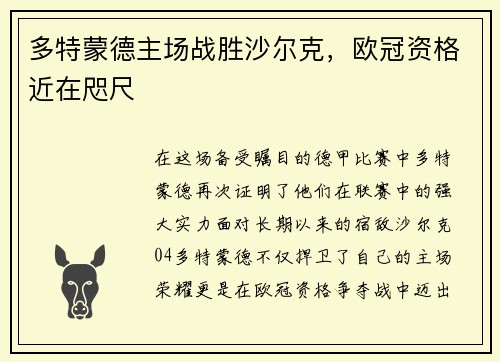 多特蒙德主场战胜沙尔克，欧冠资格近在咫尺