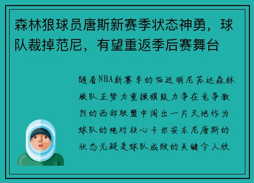 森林狼球员唐斯新赛季状态神勇，球队裁掉范尼，有望重返季后赛舞台
