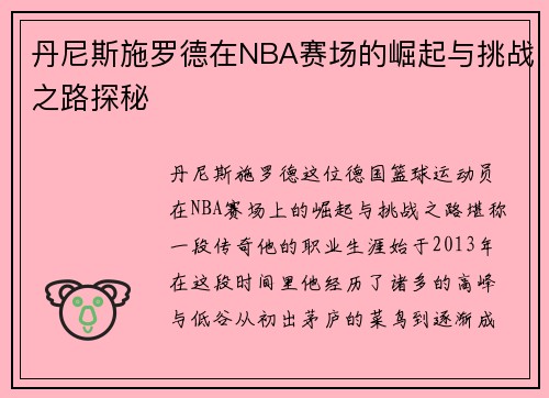 丹尼斯施罗德在NBA赛场的崛起与挑战之路探秘